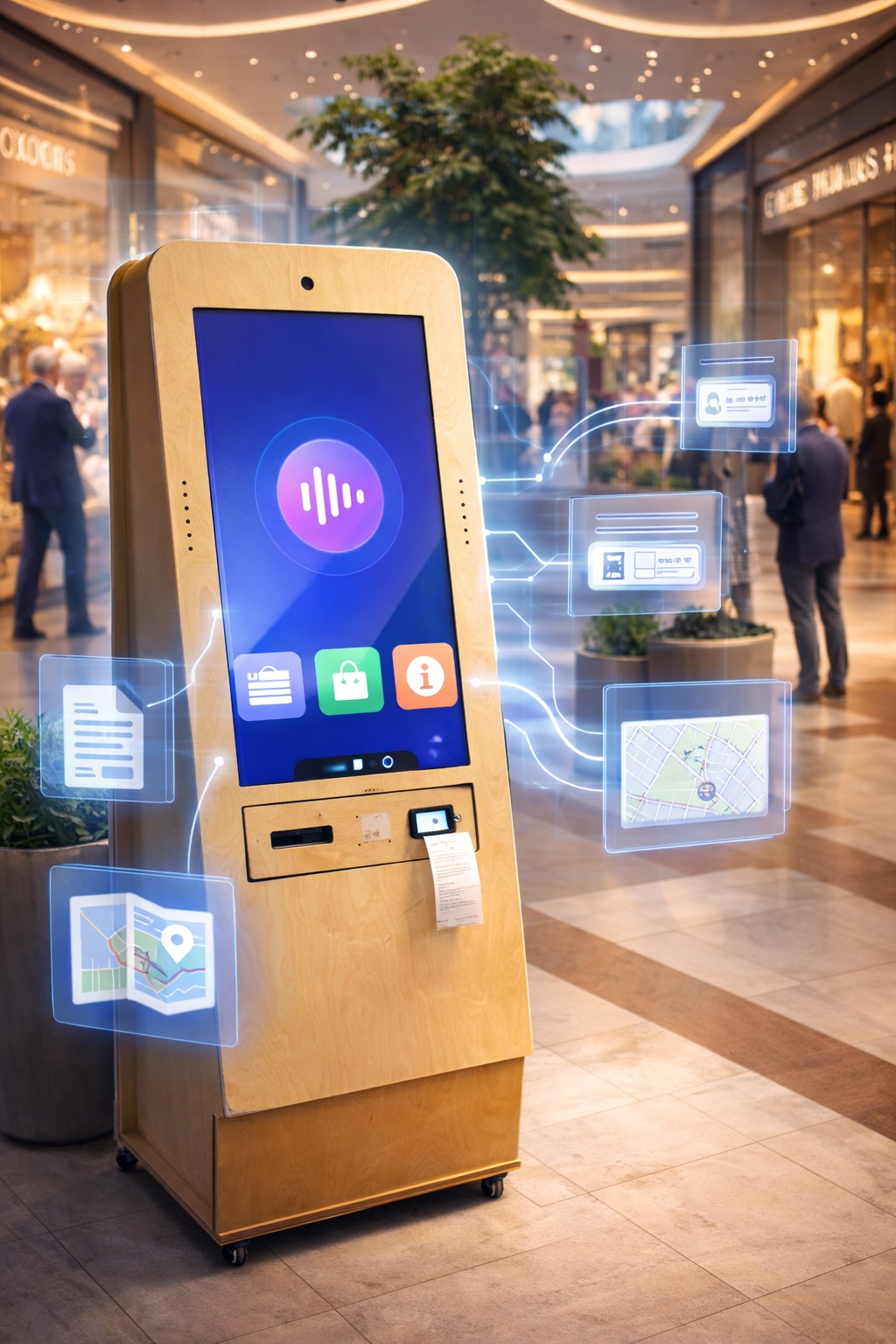 AI Kiosk en un centro comercial mostrando su interfaz interactiva con funciones de mapas, compras e informaci\u00f3n